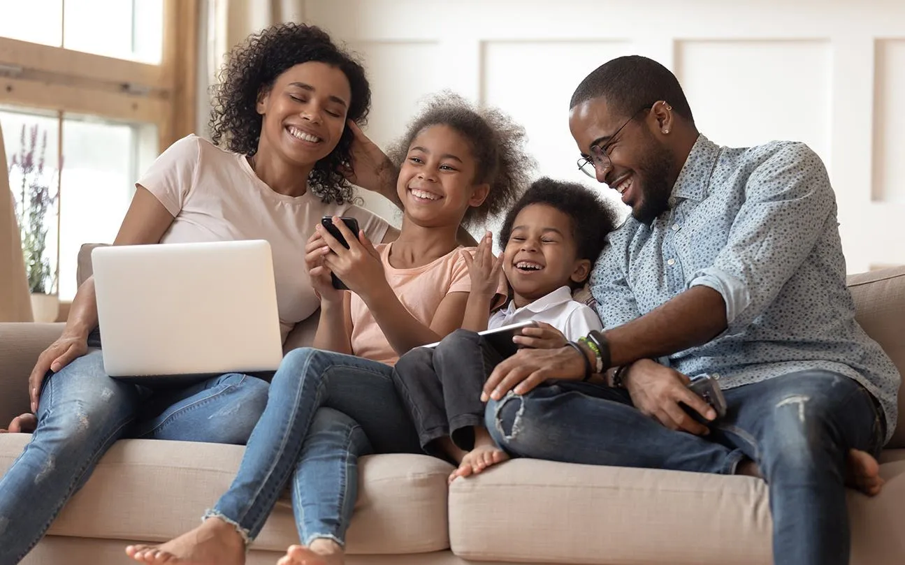 Happy family using internet